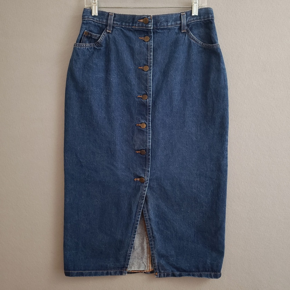 Courage My Love 13/14 Denim Skirt Blue Button Front High Rise Midi Vintage 90s